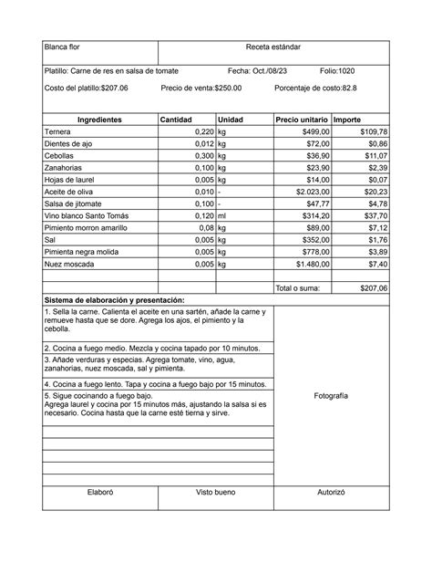 SOLUTION Receta Est Ndar De Alimentos Y Bebidas Studypool