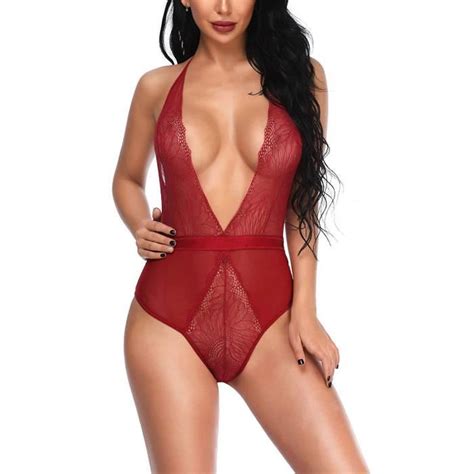 Body Femme Sexy Dentelle Florale Col V Profond Babydoll Lingerie Dos