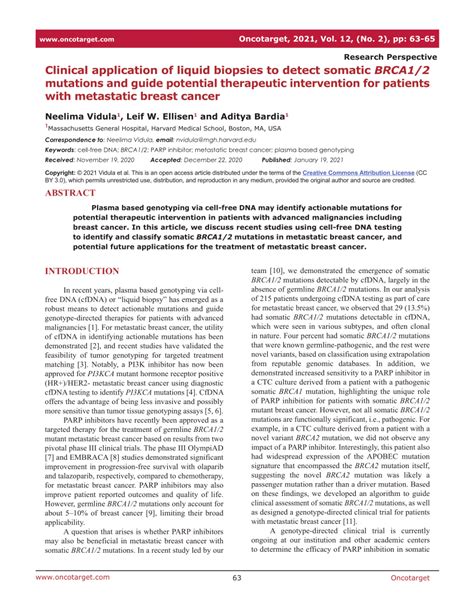 Pdf Clinical Application Of Liquid Biopsies To Detect Somatic Brca12