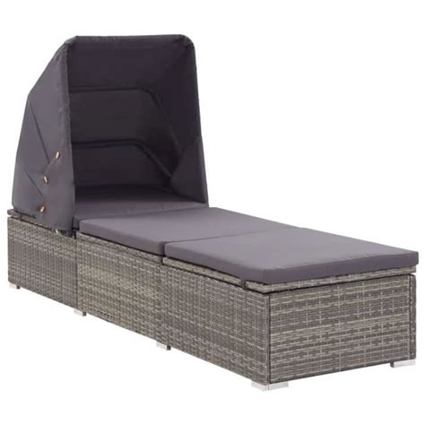 1976MeubleDéco Chaise longue avec auvent et coussin Résine tressée Gris