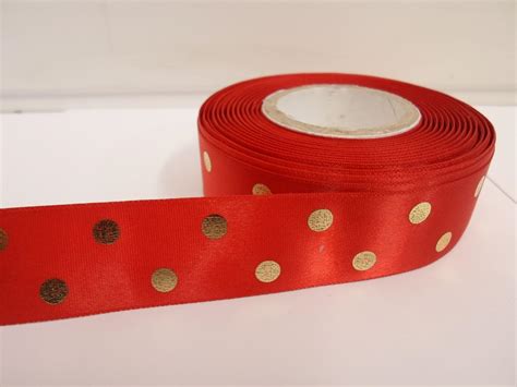 Mm Metallic Polka Dot Satin Ribbon Or Metres Red With Gold Spots