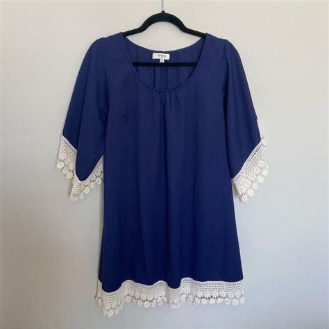 Umgee Tops Nwot Umgeenavy Blue Tunicdress With Cream Crochet Hem