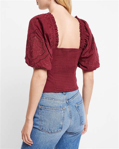 Express Embroidered Square Neck Puff Sleeve Top In Dark Red Express