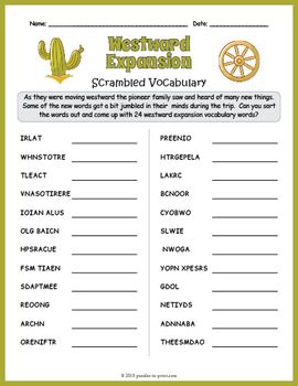 Westward Expansion Word Scramble Puzzle Worksheet Activity By Puzzles