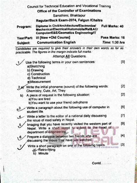 Communication English 1st Semester Questions Papers Ctevt Diploma