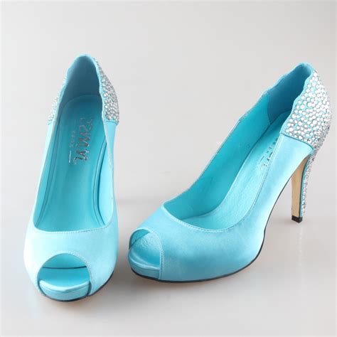 Handmade Aqua Blue Turquoise Rhinestone Heels Open Peep Toe Woman