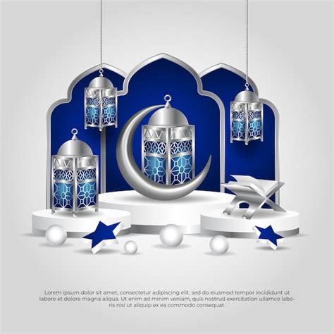 3d Bleu Eid Al Adha Mubarak Belle Lampe De Lune Coran Islamique Et