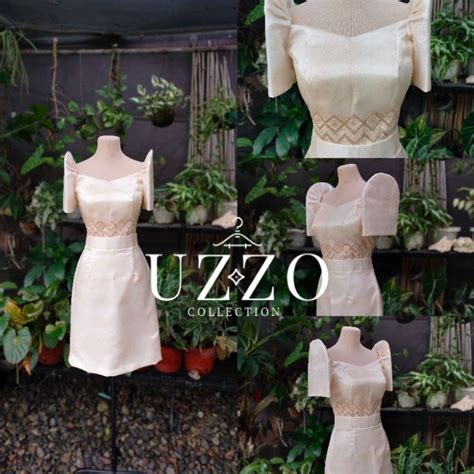 Uzzo Modern Filipiniana Blouse And Skirt Mestiza Croptop Sleeves Pencil