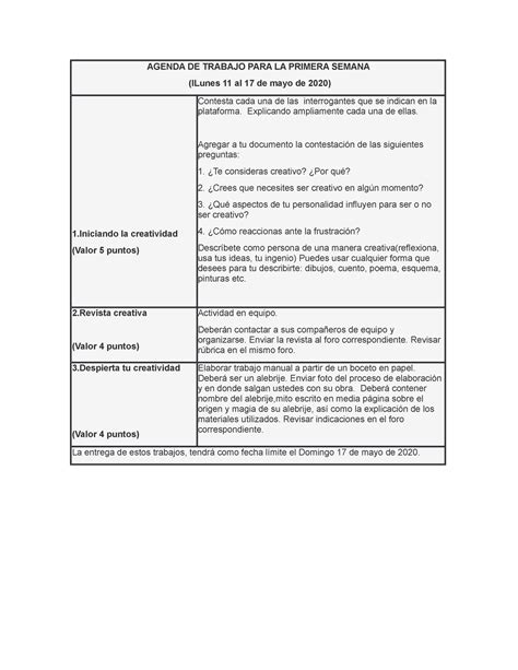 Agenda DE Trabajo PARA LA Primera Semana AGENDA DE TRABAJO PARA LA