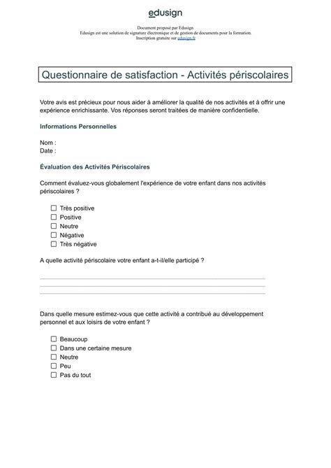 Modèle de questionnaire Activités périscolaires Edusign