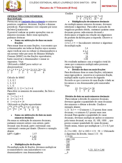Operações com Números Racionais e Decimais: Resumo do 1o Trimestre no ...