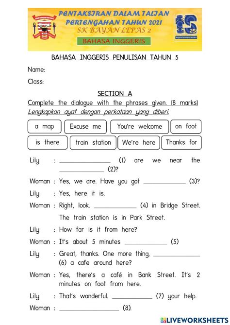 Pentaksiran Bahasa Inggeris Penulisan Tahun 5 Worksheet Online