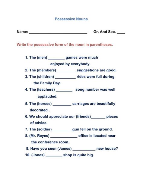 Possessive Nouns Online Activity For Grade 5 Live Worksheets