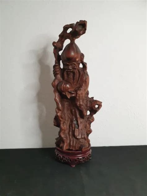 Statuette Sage Taoiste Chinois Bois De Racine Bouddha Chine Wood Figure