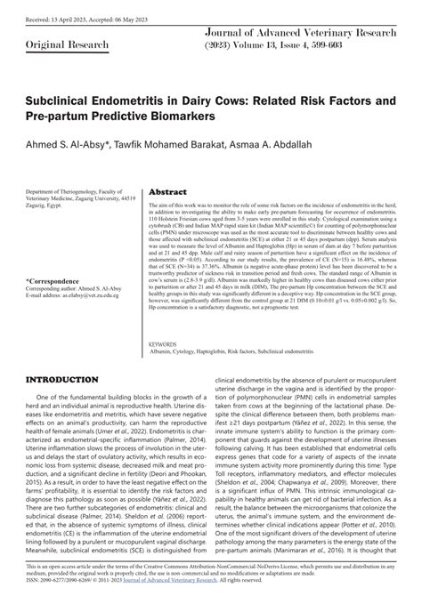 PDF Subclinical Endometritis In Dairy Cows Related Risk Factors And