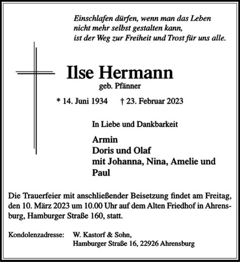 Traueranzeigen Von Ilse Hermann Sh Z Trauer