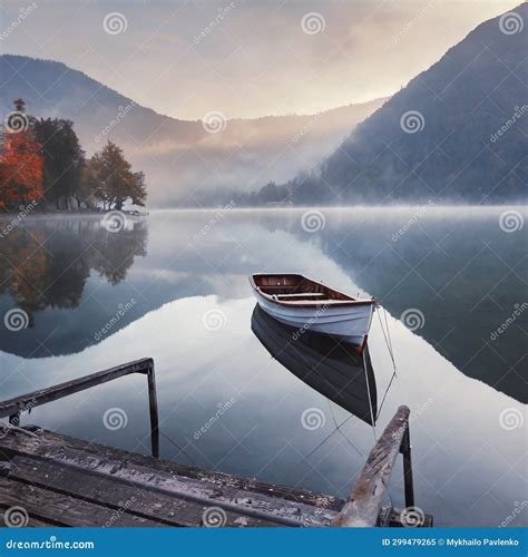 Solitude Serenity: Empty Boat on Tranquil Mountain Lake Stock Image