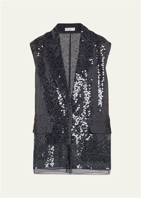 Brunello Cucinelli Crispy Silk Layered Long Paillette Vest Bergdorf