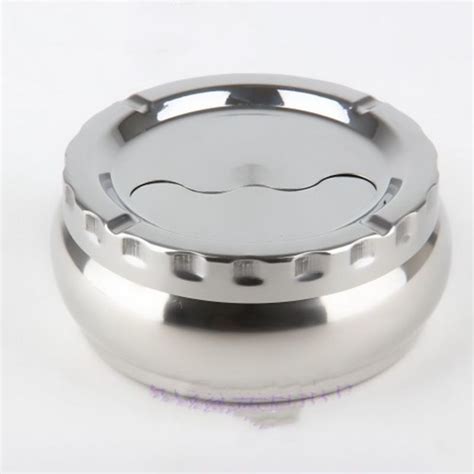 Silver Stainless Steel Round Cigarette Lidded Ashtray Portable