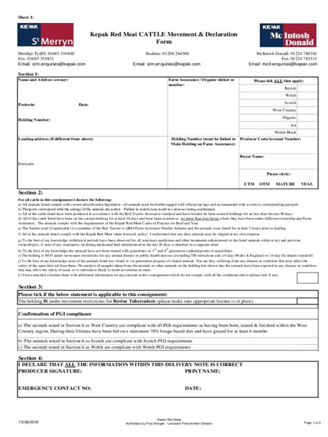 2018 2024 UK Kepak Red Meat Cattle Movement Declaration Form Fill