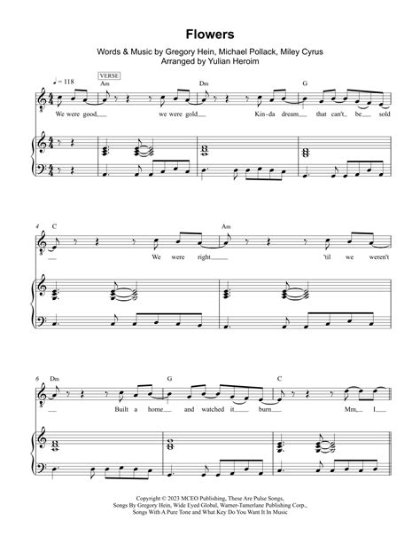 Flowers Arr Yulian Heroim By Miley Cyrus Sheet Music For Piano