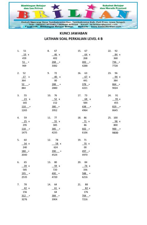 Soal Perkalian Bersusun Level 4 B Bimbel Brilian