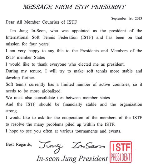 President Greetings International Soft Tennis Federation