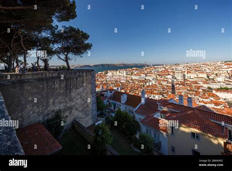 Tourists At The Sao Jorge Castle S Viewpoint Watching The Historical