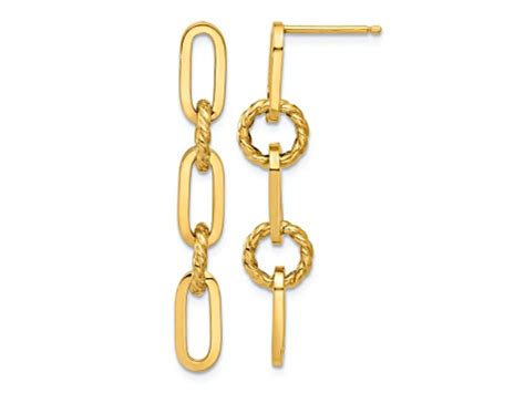 K Yellow Gold Polished And Textured Chain Link Dangle Earrings