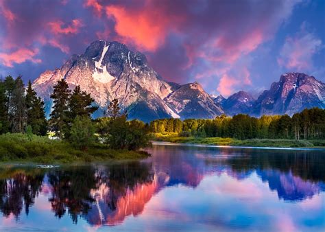 Nature Landscape Mountain River Forest Grass Sunrise Snowy Peak Sky