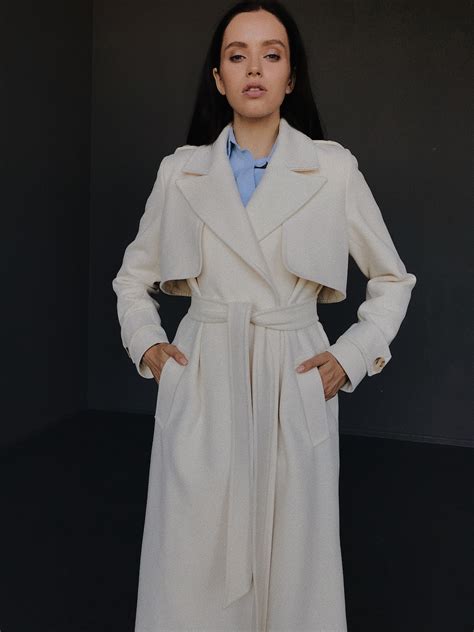 White Trench Coat Women Wedding Coat White Wool Long Coat Etsy