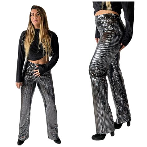 Silver Sequin Flare Pants Bell Bottoms Palazzo Pants Wide Leg Pants Glitter Shiny Pants Disco