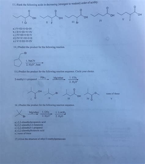 Solved 13 Rank The Following Acids In Decreasing Chegg