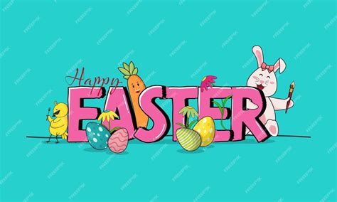 Premium Vector 3d Style Happy Easter Text With Cartoon Bunny Chicken