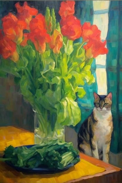 Una pintura de un gato sentado frente a un jarrón de flores Foto Premium