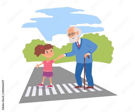 Good Child Helping Senior Man To Cross Street Courteous Kind Kid