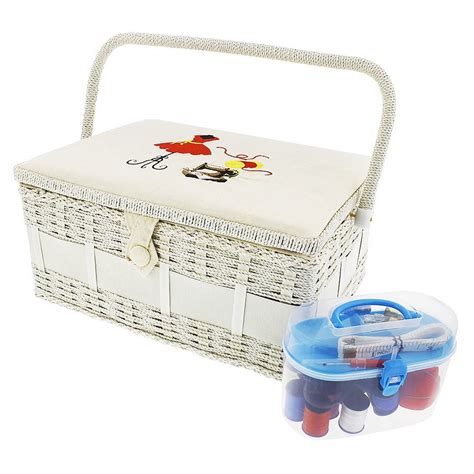 Vintage Sewing Basket Organizer Box Kit With Hand Sewing Supplies And