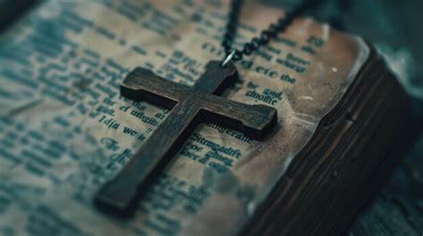 Closeup Of Simple Wooden Christian Cross Necklace On Bible Vintage Tone