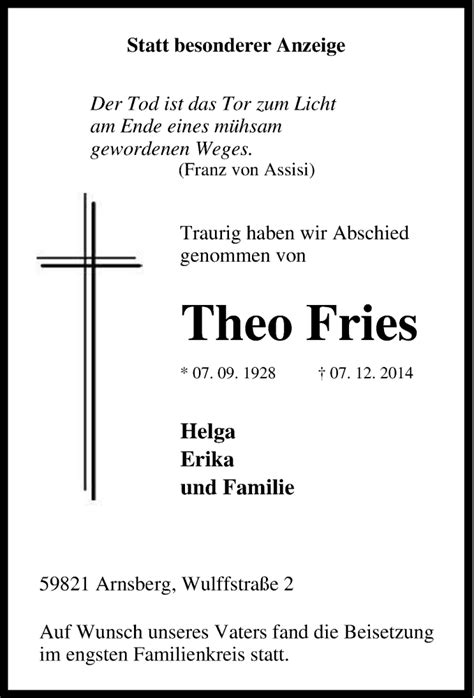 Traueranzeigen Von Theo Fries Trauer In NRW De