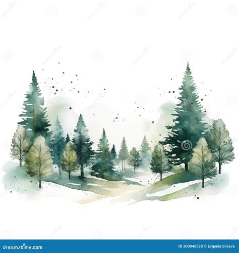 Watercolor Winter Pine Trees Forest Hand Drawn Christmas Landscape