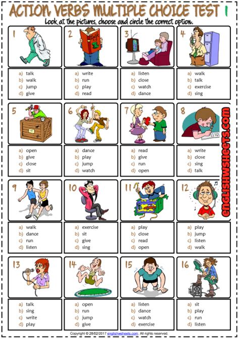 Action Verbs Esl Printable Multiple Choice Test For Kids