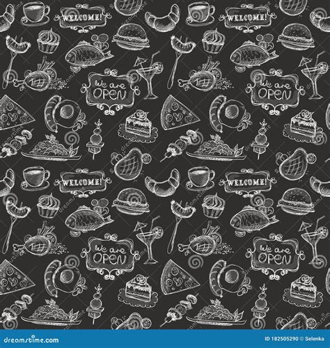 Breakfast Food Seamless Chalkboard Pattern Hand Drawn Sketch Food