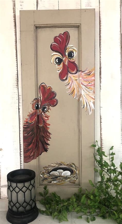 Roosters Hand Painted On Reclaimed Door Farm House Style Etsy