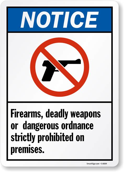 Dangerous Ordnance Fire Arms Or Deadly Weapons Prohibited Sign Sku S