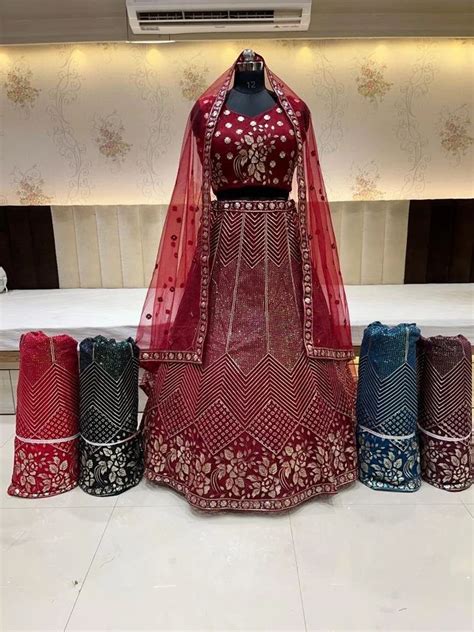 Net Semi Stitched Red Embroidered Bridal Lehenga Choli Size Xl