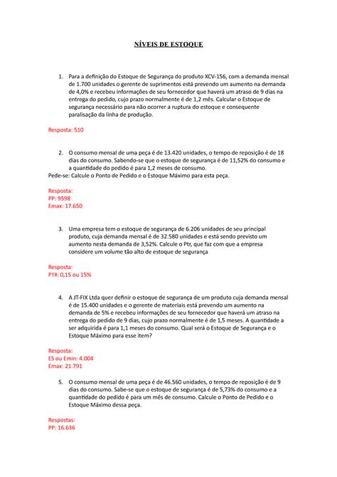 Prova 13 Junho 2018 questões e respostas NÍVEIS DE ESTOQUE 1 Para a