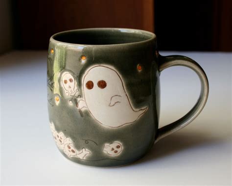 Halloween Ghost Mug Dark Olive Green By EarthAndCloudStudio On Etsy