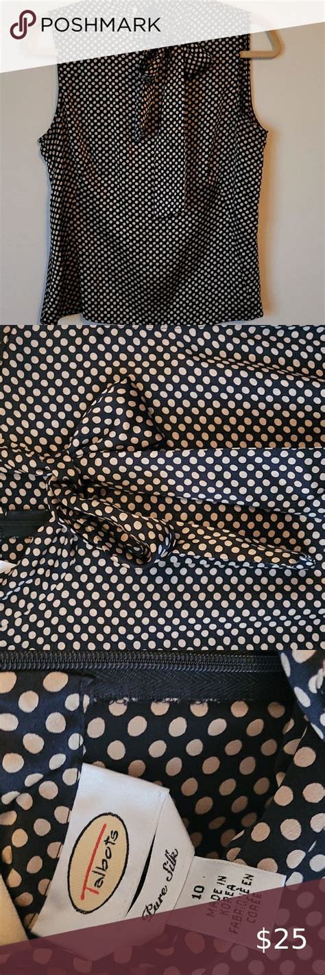 Talbots 100 Pure Silk Sleevless Blouse Black Tan Polka Dot Sz 10