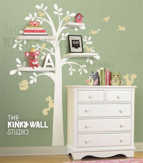 New Shelf Tree With Birds And Squirrels Vinyl Sticker Wall Decal With