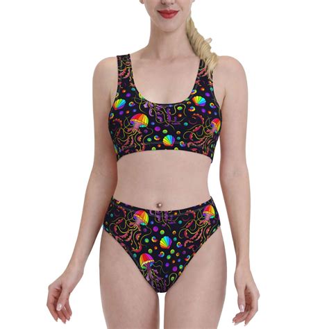 Adobk Rainbow Jellyfishes Print Women High Waisted Bikini Set Sports